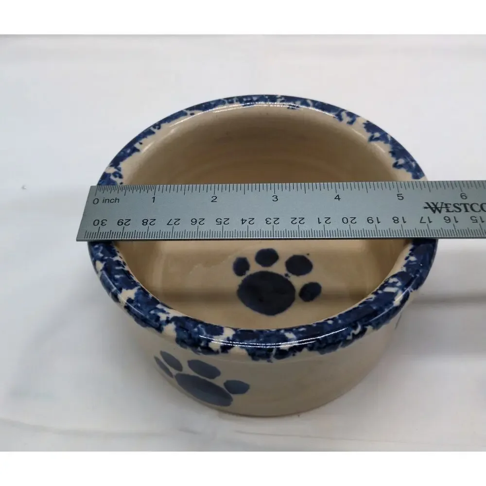 Yesteryears Hand Turned Stoneware Dog Bowl Signed Blue Pawprints USA Vintage